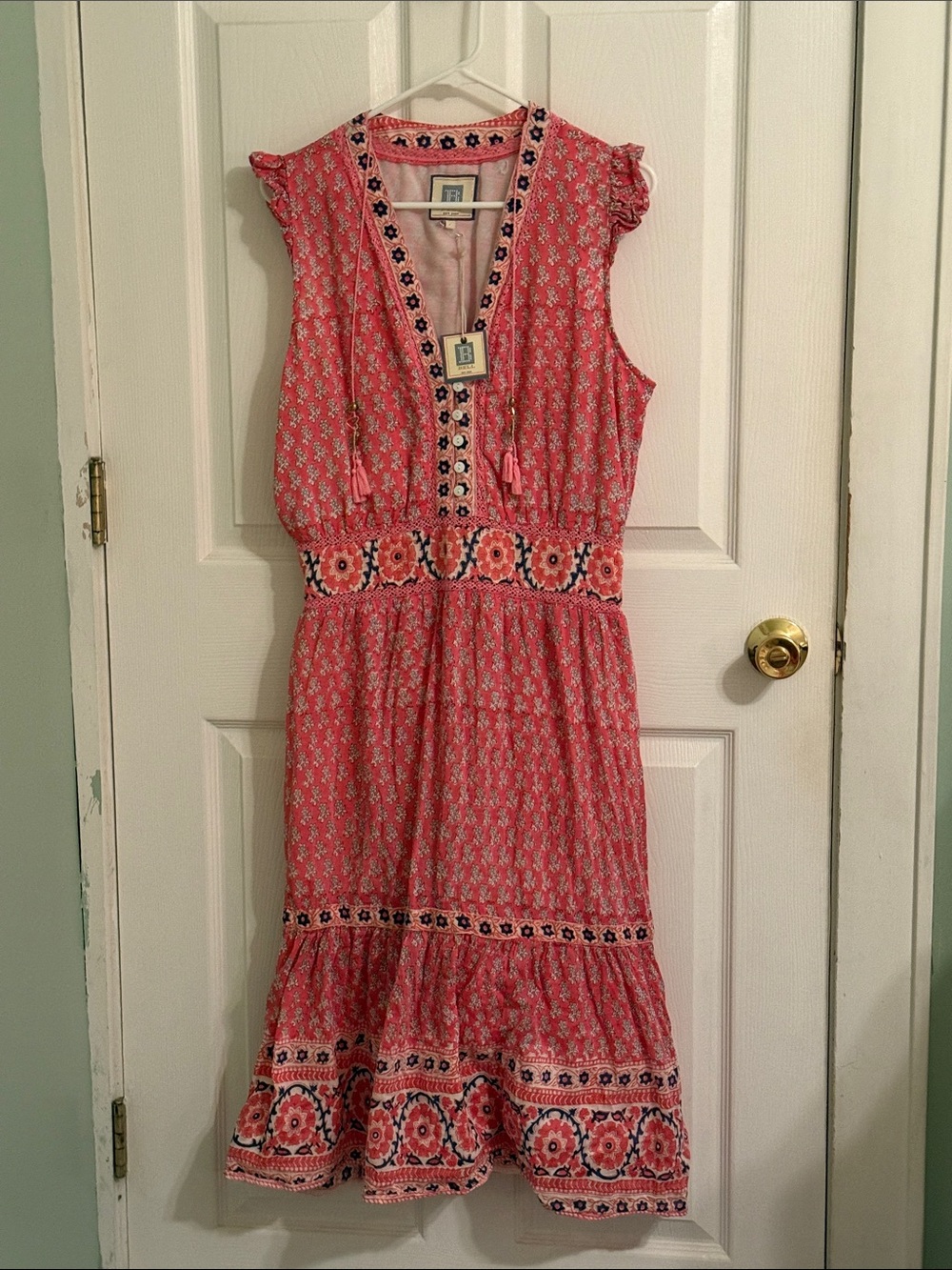 NWT Bell by Alicia Bell Pink Floral Midi Dress w/ Embroidered Waist Size Large